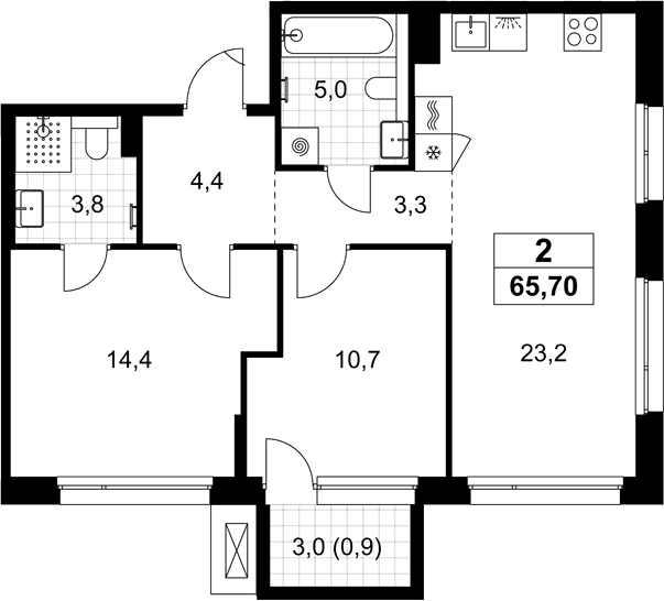 Планировка: Евротрёшка 64,8 м² в ЖК «Хольм»