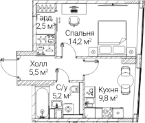 Планировка: 1-комнатная квартира 37 м² в ЖК «СЕЗАР БУДУЩЕЕ»