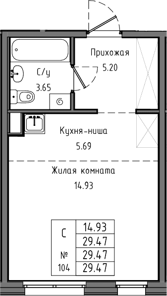 Планировка: Студия 29,5 м² в ЖК «Тишин»