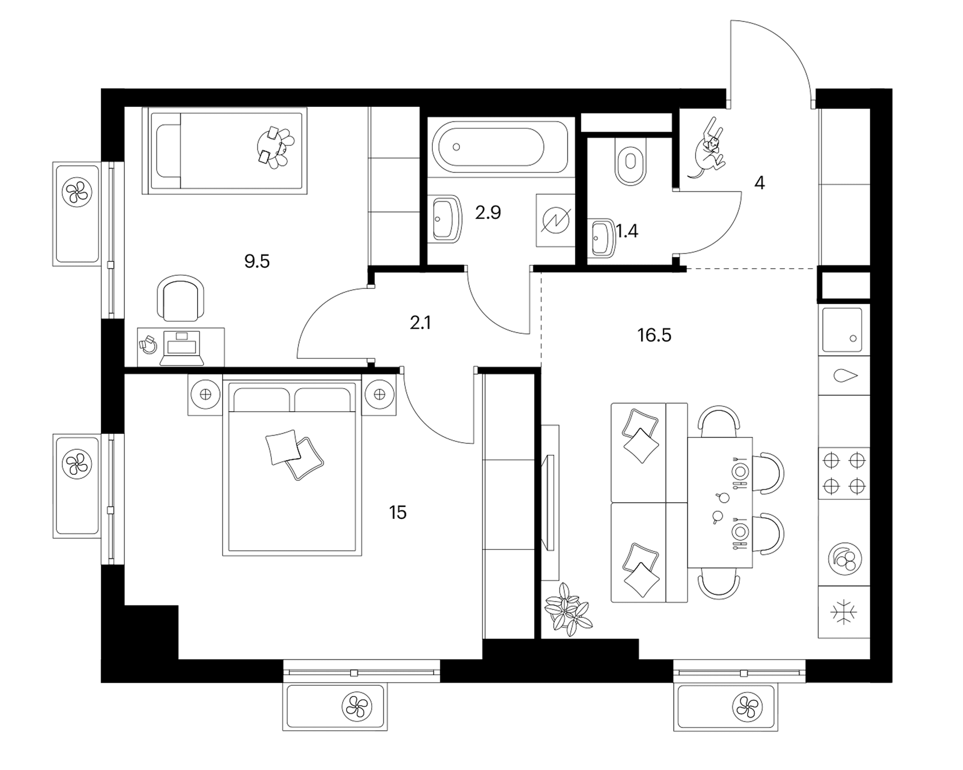 Планировка: 2-комнатная квартира 51,4 м² в ЖК «Белая Дача парк»