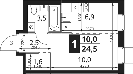 Планировка: Студия 24,5 м² в ЖК «1-й Ясеневский»