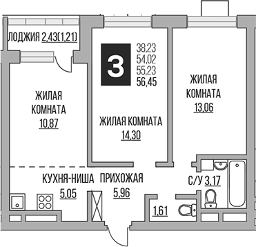 Планировка: Евротрёшка 54 м² в ЖК «Гранель Ильинойс»