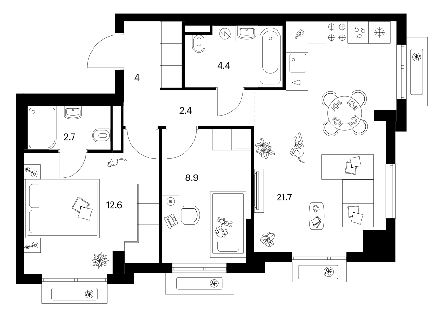 Планировка: 2-комнатная квартира 56,7 м² в ЖК «Ярославский»