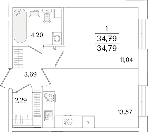 Планировка: Евродвушка 34,8 м² в ЖК «Кинопарк»
