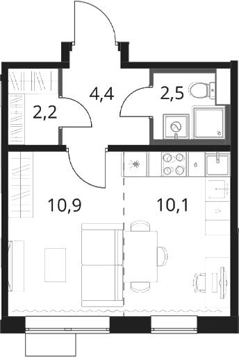 Планировка: Студия 30,1 м² в ЖК «1-й Шереметьевский»