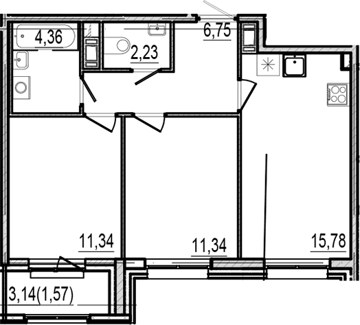 Планировка: 2-комнатная квартира 51,8 м² в ЖК «Оптимист»