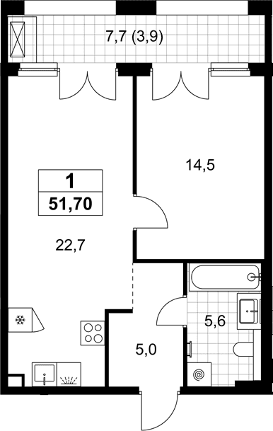 Планировка: Евродвушка 47,8 м² в ЖК «Хольм»