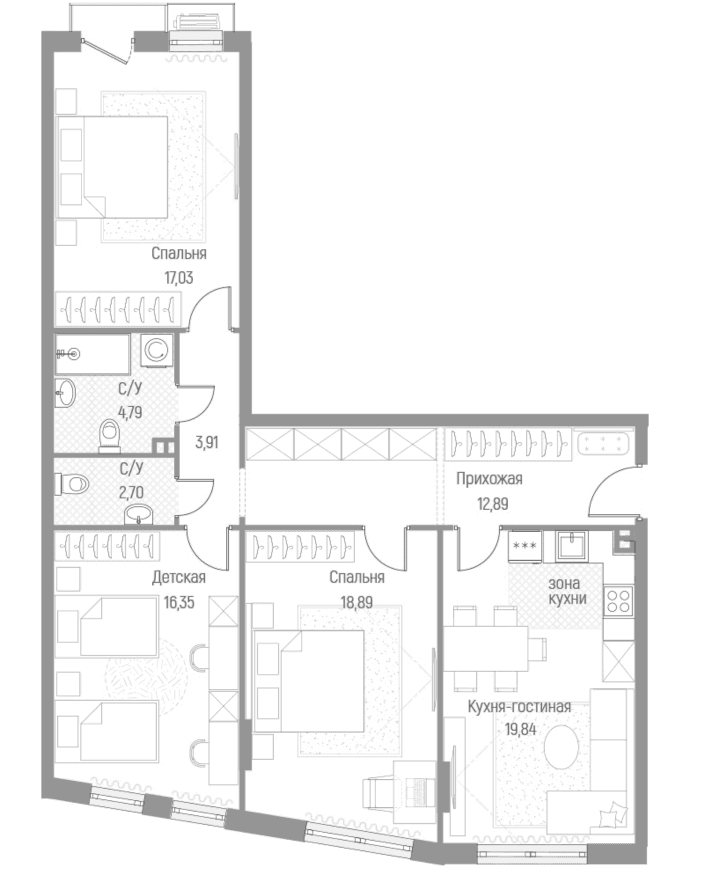 Планировка: 3-комнатная квартира 96,2 м² в ЖК «Эльйон»
