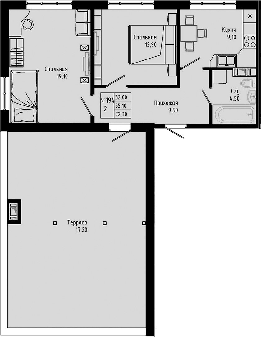 Планировка: 2-комнатная квартира 55,1 м² в ЖК «PIXEL»