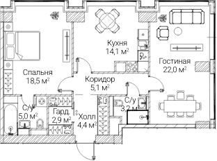 Планировка: 2-комнатная квартира 75 м² в ЖК «СЕЗАР БУДУЩЕЕ»
