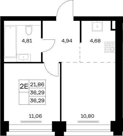 Планировка: Евродвушка 36,3 м² в ЖК «НОВА»