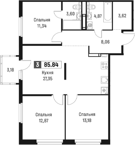 Планировка: Квартира евро-4 84,9 м² в ЖК «Максималист»