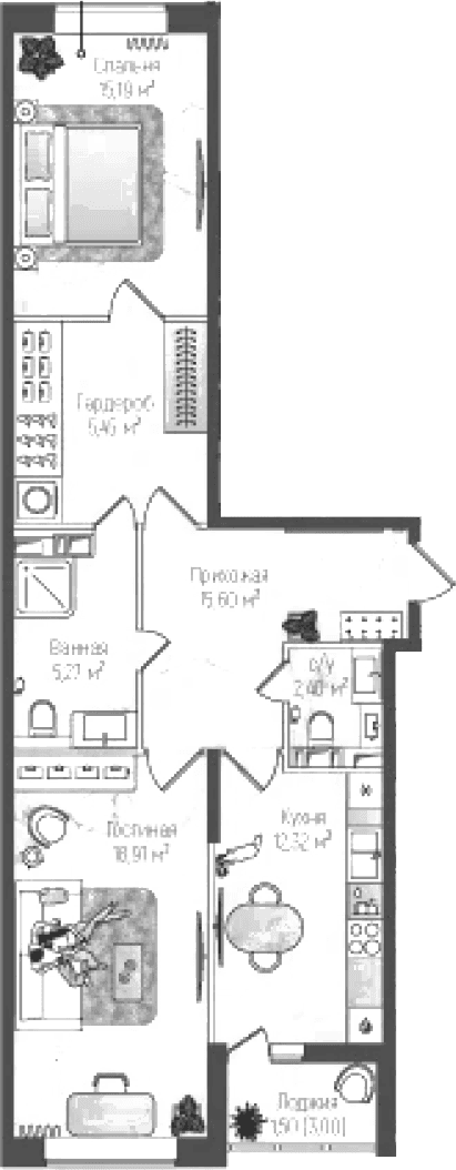Планировка: 2-комнатная квартира 75,1 м² в ЖК «Рига Хиллс»