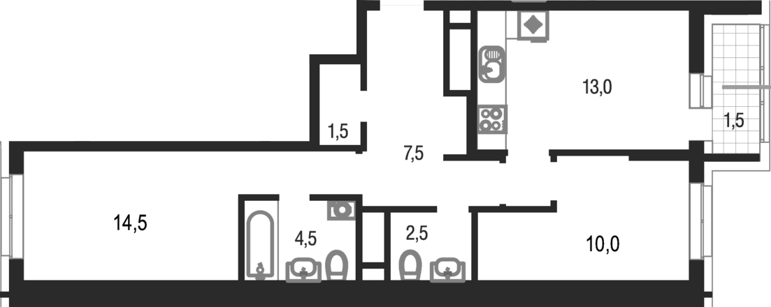Планировка: 2-комнатная квартира 54,5 м² в ЖК «Котельники парк»