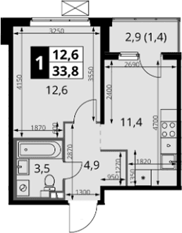 Планировка: 1-комнатная квартира 32,4 м² в ЖК «1-й Южный»