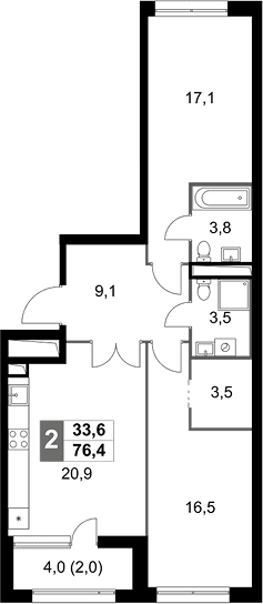 Планировка: Евротрёшка 74,4 м² в ЖК «Скай Гарден»