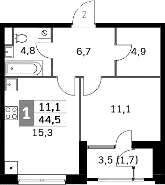 Планировка: Евродвушка 40,7 м² в ЖК «Скай Гарден»