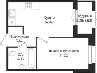 Планировка: 1-комнатная квартира 33 м² в ЖК «Новатория»