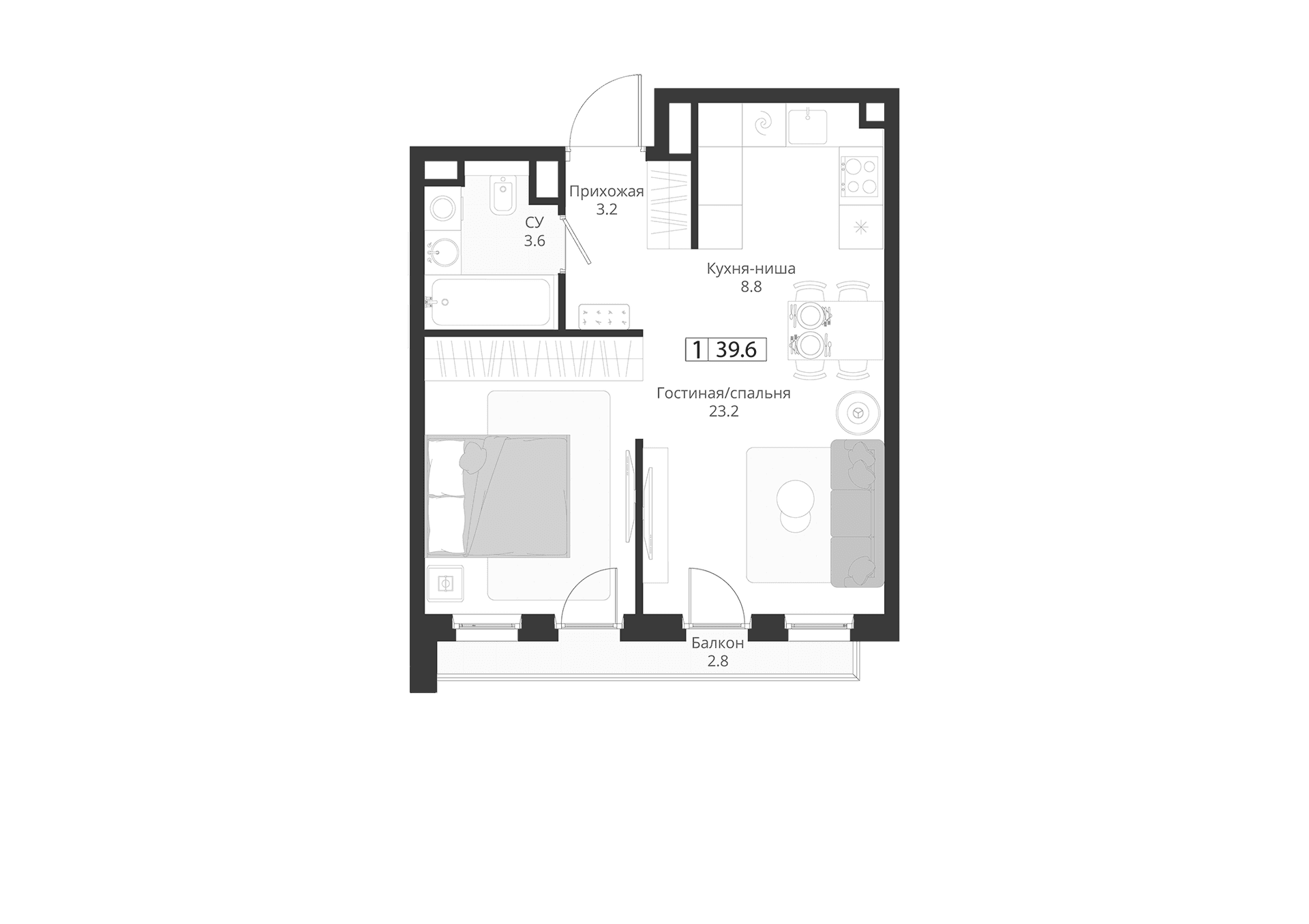 Планировка: Студия 38,8 м² в ЖК «ГРЭЙ»