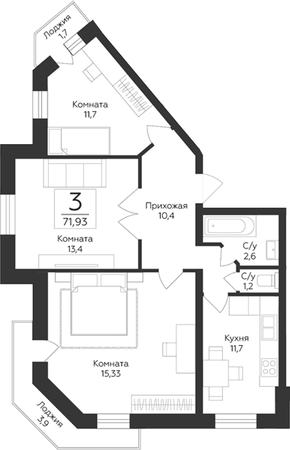 Планировка: 3-комнатная квартира 66,3 м² в ЖК «Гардарика Клаб»