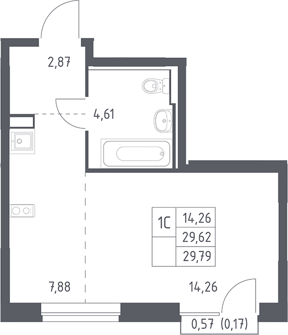 Планировка: Студия 29,6 м² в ЖК «Рублевский квартал»