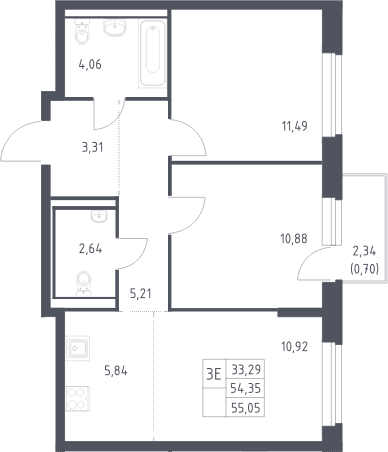 Планировка: Евротрёшка 54,4 м² в ЖК «Горки Парк»