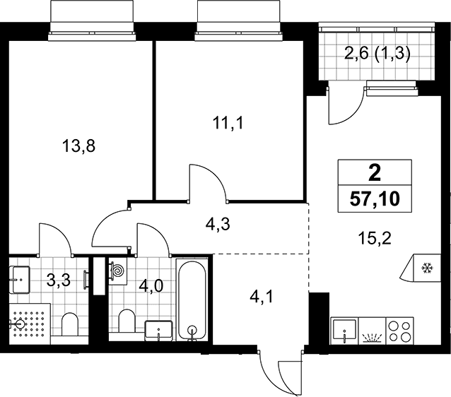 Планировка: Евротрёшка 55,8 м² в ЖК «Деснаречье»