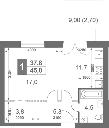 Планировка: 1-комнатная квартира 42,3 м² в ЖК «Дубровицы Клаб»