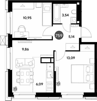 Планировка: Евротрёшка 48,7 м² в ЖК «ЭВО»