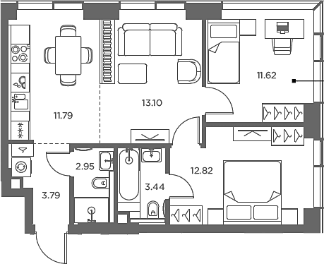 Планировка: Евротрёшка 59,5 м² в ЖК «TATE»