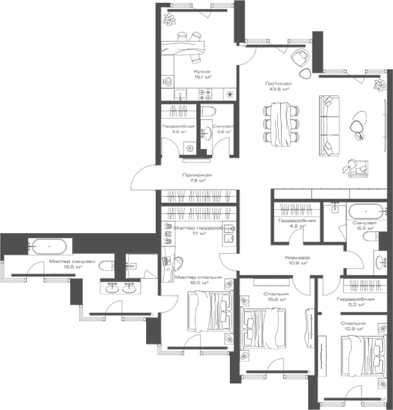 Планировка: Квартира евро-4 169,9 м² в ЖК «Опус»