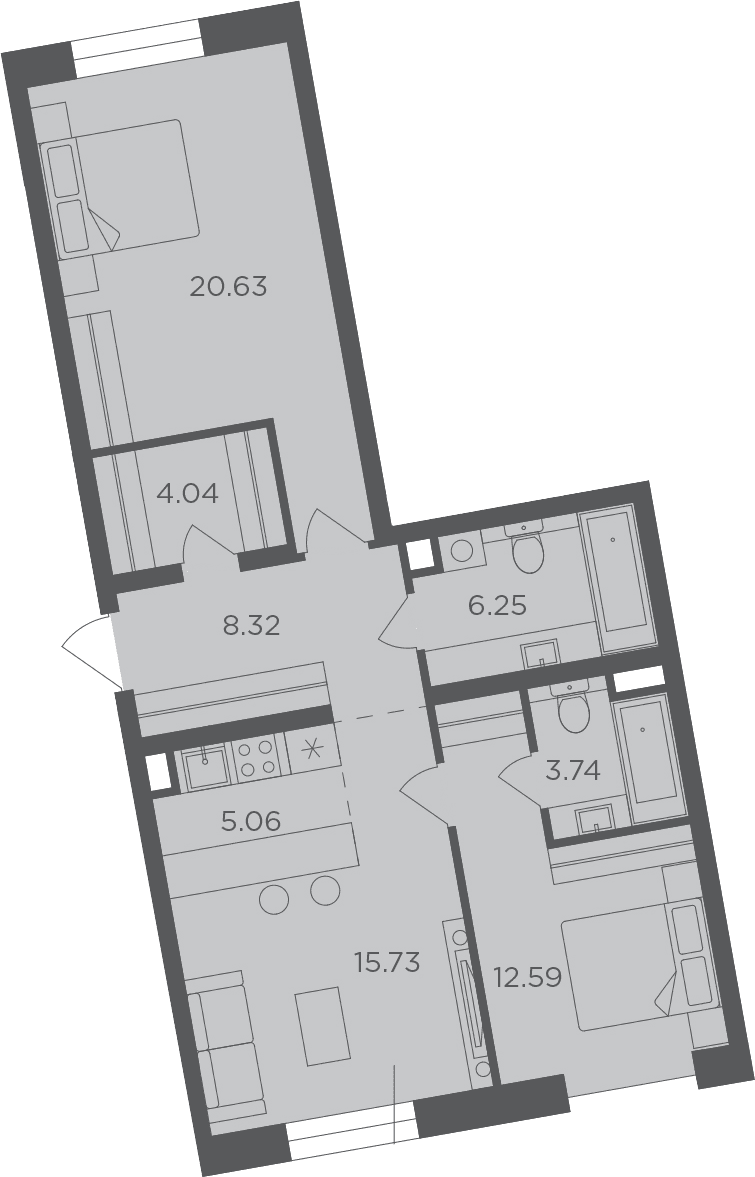 Планировка: Евротрёшка 76,4 м² в ЖК «FORIVER»