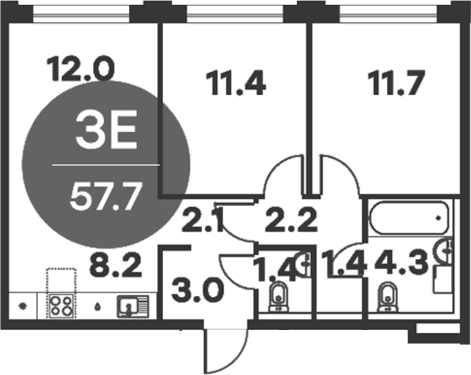 Планировка: Евротрёшка 57,7 м² в ЖК «Равновесие»
