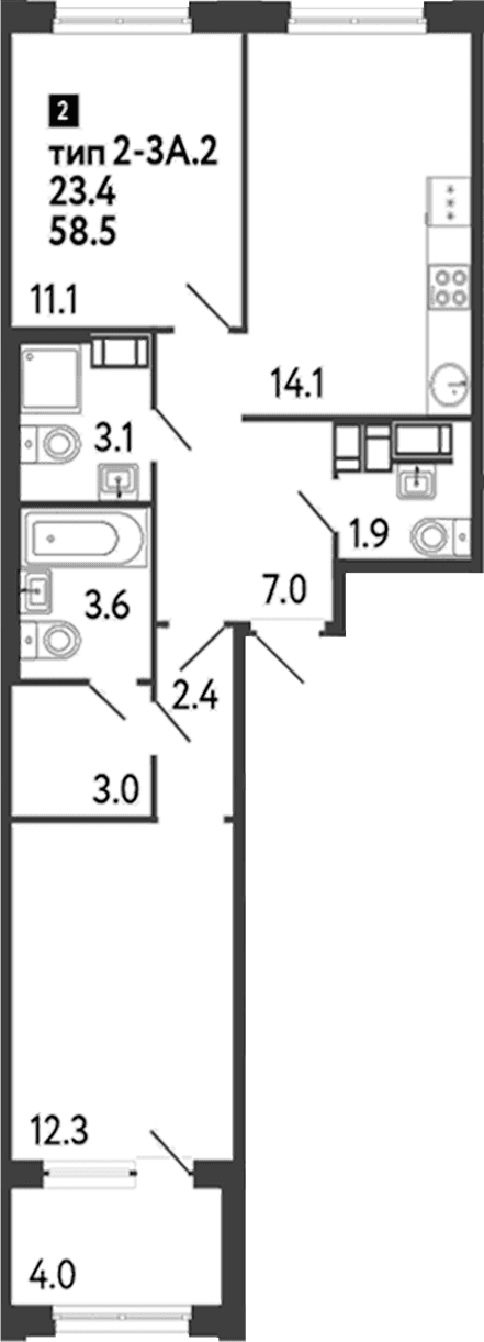 Планировка: 2-комнатная квартира 58,5 м² в ЖК «Струны»