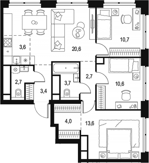 Планировка: Квартира евро-4 75,6 м² в ЖК «Левел Звенигородская»
