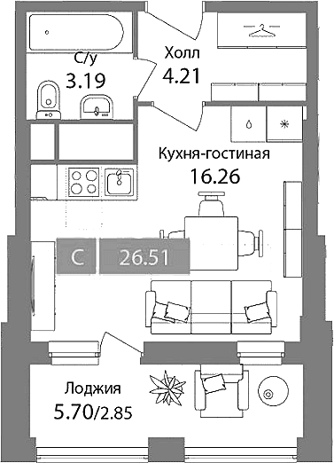 Планировка: Студия 23,7 м² в ЖК «Планерный квартал»