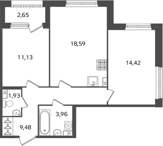 Планировка: Евротрёшка 59,5 м² в ЖК «Б15»