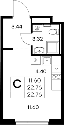 Планировка: Студия 22,8 м² в ЖК «Новоселье»