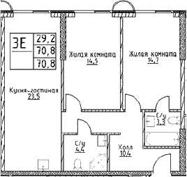 Планировка: Евротрёшка 70,8 м² в ЖК «Наметкин Тауэр»