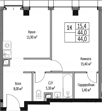 Планировка: 1-комнатная квартира 44 м² в ЖК «ЭМОУШН»