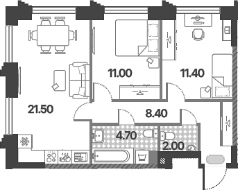Планировка: Евротрёшка 59 м² в ЖК «Обручева 30»
