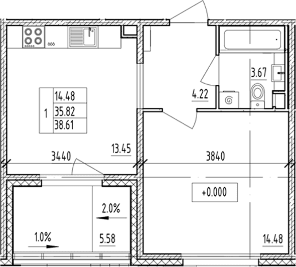 Планировка: 1-комнатная квартира 35,8 м² в ЖК «ЛесАрт»