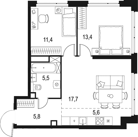 Планировка: Евротрёшка 59,4 м² в ЖК «Левел Мичуринский»