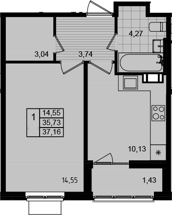 Планировка: 1-комнатная квартира 35,7 м² в ЖК «Этала»