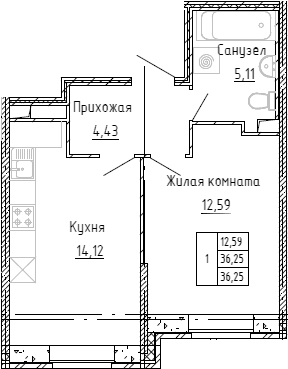 Планировка: Евродвушка 35,2 м² в ЖК «Аквилон Stories»
