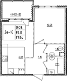 Планировка: Евродвушка 35,1 м² в ЖК «ЛесАрт»