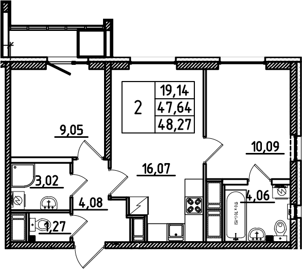Планировка: Евротрёшка 47,6 м² в ЖК «Южный Форт»