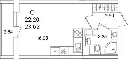 Планировка: Студия 22,2 м² в ЖК «Кинопарк»