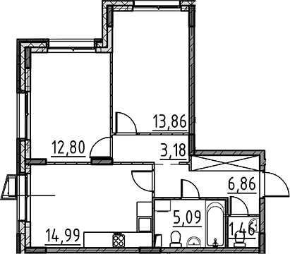 Планировка: 2-комнатная квартира 58,2 м² в ЖК «ВЕРЕН НОРТ Cертолово»