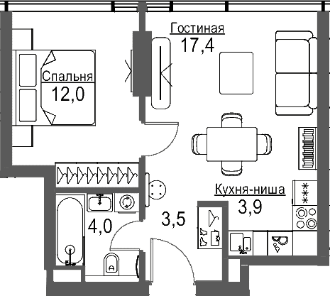 Планировка: Евродвушка 41 м² в ЖК «Слава»
